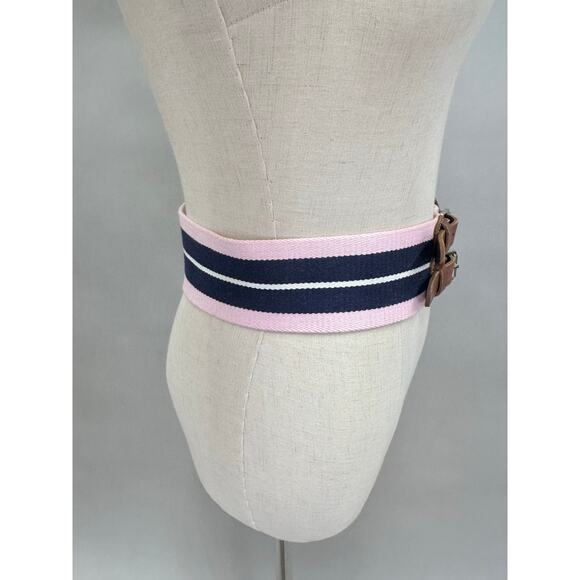 Polo Ralph Lauren Pink Navy Striped Webbed Canvas Double Buckle Belt Size Small - Picture 11 of 16